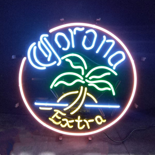 "Corona Tree Sea Sun neon sign glass - bright and vibrant logo, perfect for bars, shops, man caves gift decoration."