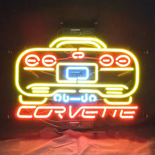 "Corvette car auto logo neon sign glass - sleek and stylish, perfect for garages, man caves, and auto enthusiasts."