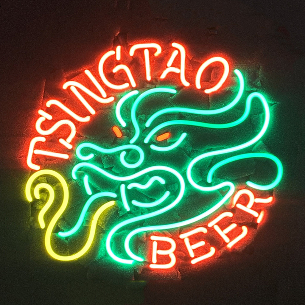 Tsingtao Beer with Dragon Neon Signs- bright and vibrant logo, perfect for bars, game rooms, and man caves."