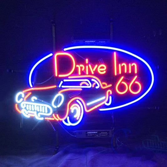 "Drive Inn 66 Mother Road Auto Car neon signs glass - a nostalgic addition to garages, workshops, and automotive spaces."