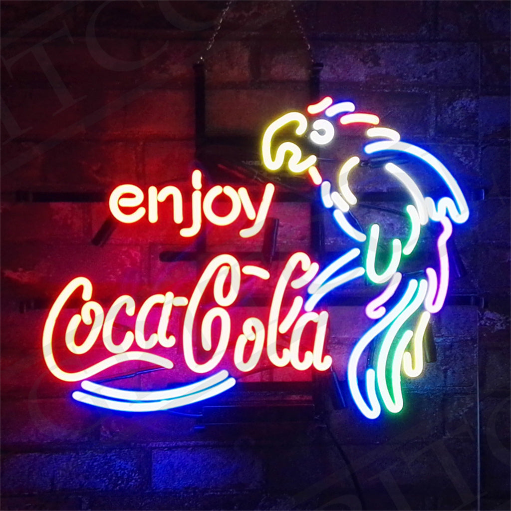 " Enjoy Coca Cola with Parrot Neon Signs- bright and vibrant logo, perfect for bars, game rooms, and man caves."