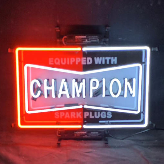 "Equipped with champion spark plugs neon sign - red, white and black stylish color, perfect for garages, man caves, and auto enthusiasts."