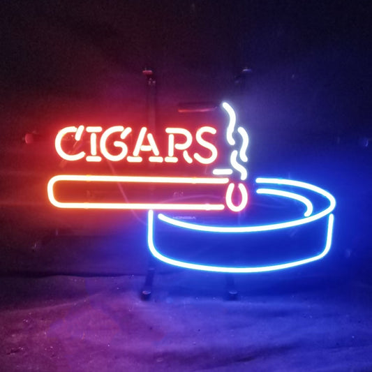 "Fire Cigars Ashtray neon sign glass- perfect for garages, man caves, shop. Eye-catching on wall and window"