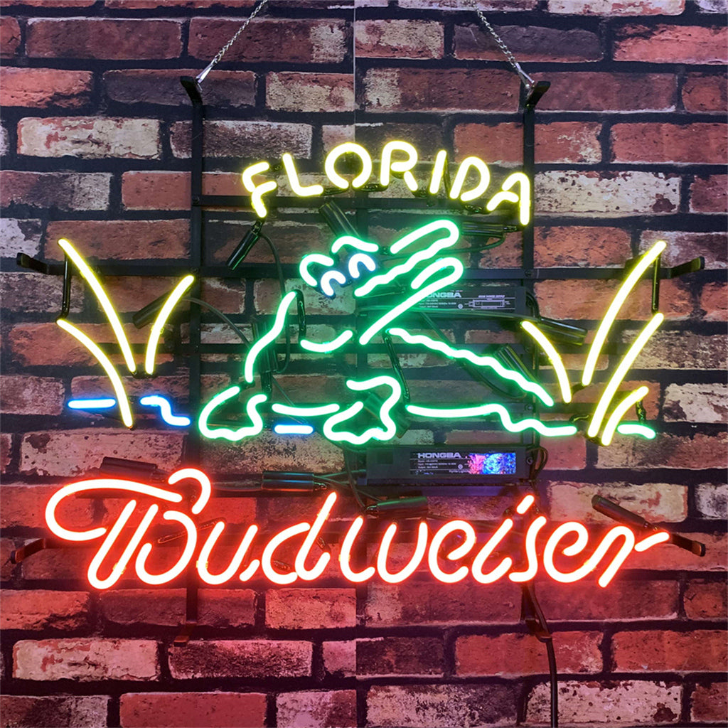 "Florida Gator Budweiser Beer neon sign glass - vibrant team logo, perfect for sports bars, game rooms, and fan spaces.