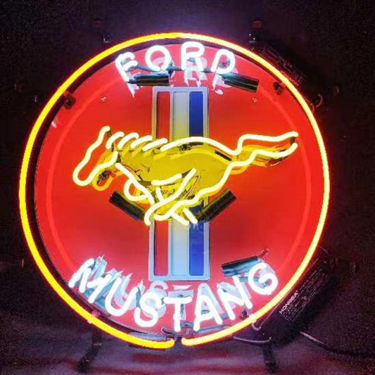 " Ford Mustang neon sign glass - sleek and stylish, perfect for garages, man caves, and auto enthusiasts."