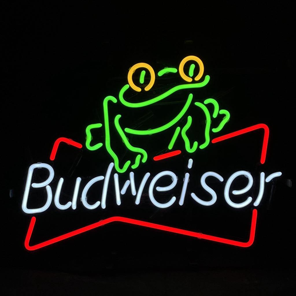 "Frog Budweiser Beer neon sign glass - bright and vibrant logo, perfect for bars, game rooms, and man caves."