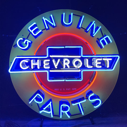 "Genuine Chevrolet Parts neon sign glass - sleek and stylish, perfect for garages, man caves, and auto enthusiasts."