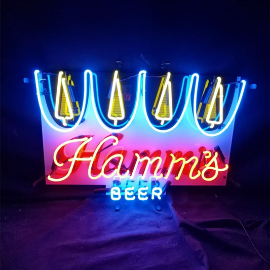 "Classic Hamm's Beer Logo neon sign glass - bright and vibrant logo, perfect for bars, game rooms, and man caves."