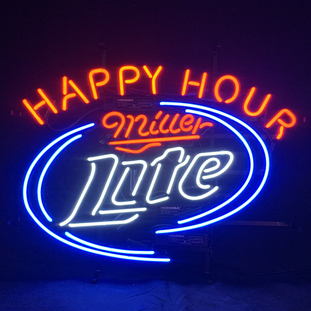 "Happy Hours Miller Lite Beer  neon sign glass - bright and vibrant logo, perfect for bars, game rooms, and man caves."