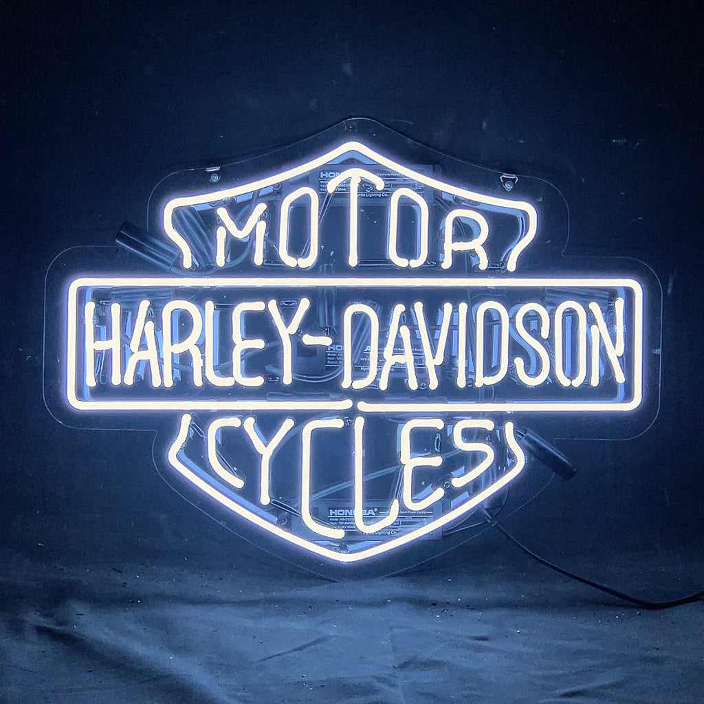 "White Motorcycle Harley Davidson neon signs glass - a nostalgic addition to garages, workshops, and automotive spaces."