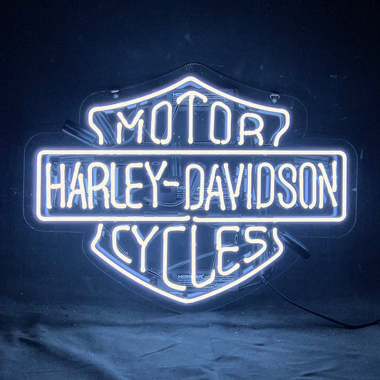 "White Motorcycle Harley Davidson neon signs glass - a nostalgic addition to garages, workshops, and automotive spaces."
