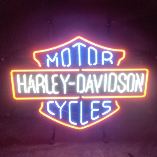 "Blue Motorcycle Harley Davidson neon signs glass - a nostalgic addition to garages, workshops, and automotive spaces.