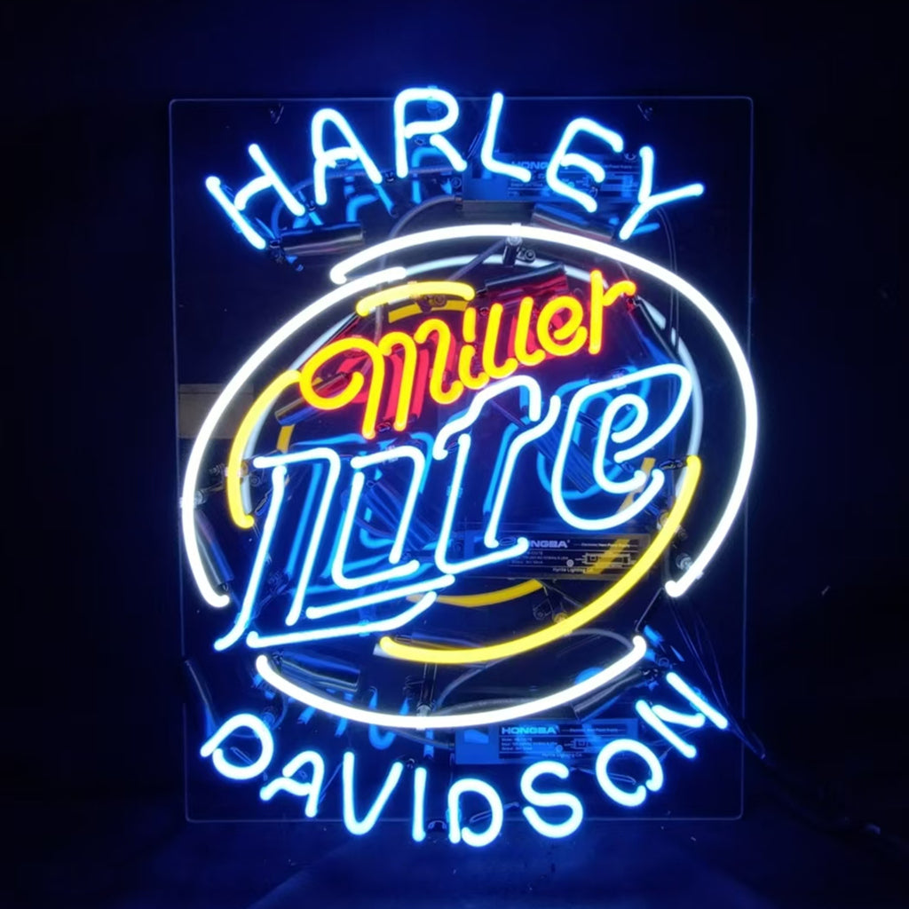 "Harley Davidson × Miller Lite mechanical neon sign with gear-shaped tubes enveloping a frosty beer glow effect. Acrylic frame. The ultimate garage/bar flex. "