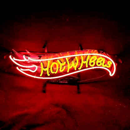 "Hot wheels neon sign glass - sleek and stylish, perfect for garages, man caves, and auto enthusiasts."