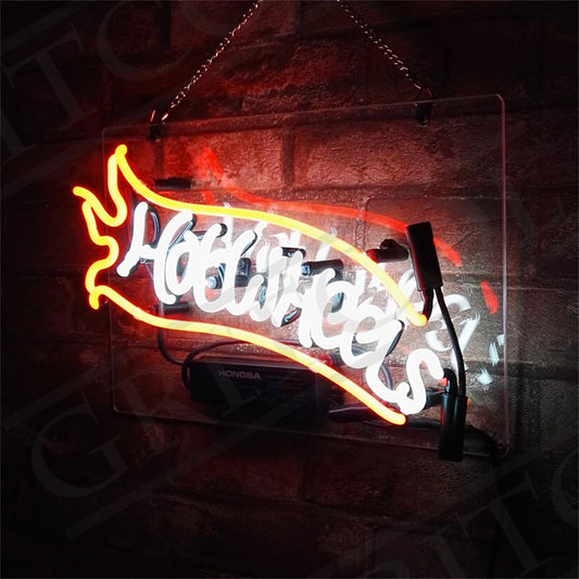 Hot Wheels Neon Sign – Glowing red and white glass wall decor featuring the iconic Hot Wheels flame logo, perfect for bedrooms, garages, and game rooms.