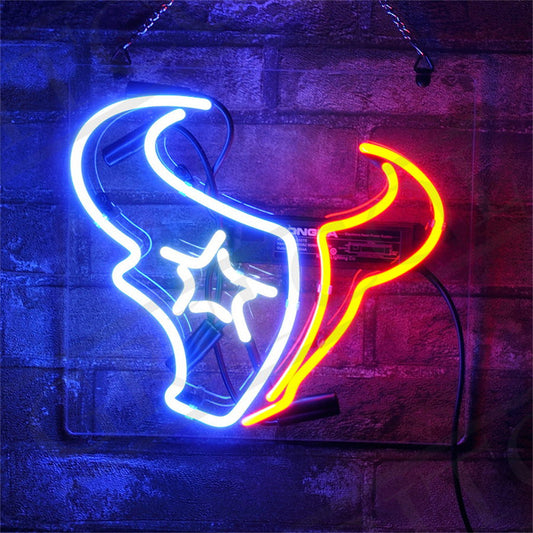 "Houston Texans Bull neon sign glass - vibrant team logo, perfect for sports bars, game rooms, and fan spaces."