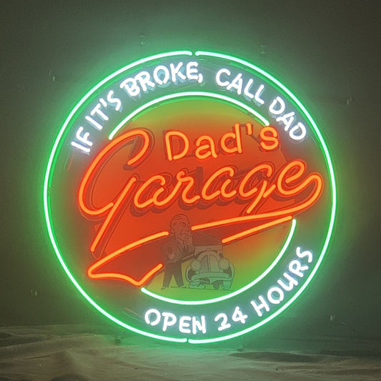 "If it's broken, call dad dad's garage open 24 hours neon sign glass - sleek and stylish, perfect for garages, man caves, and auto enthusiasts."