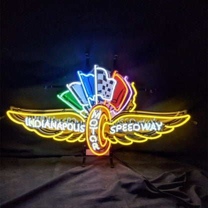 "indianapous motor speedway neon sign glass - vintage style, perfect for garages, man caves, and auto enthusiasts."