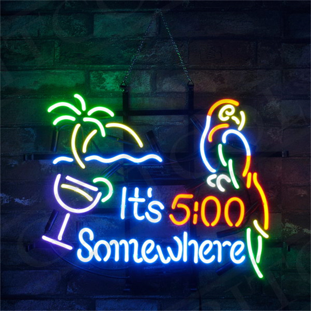 "It's 5 o'clock somewhere Parrot Cup Palm Tree Sun Sea neon sign glass, perfect for bars, shops, man caves gift decoration."