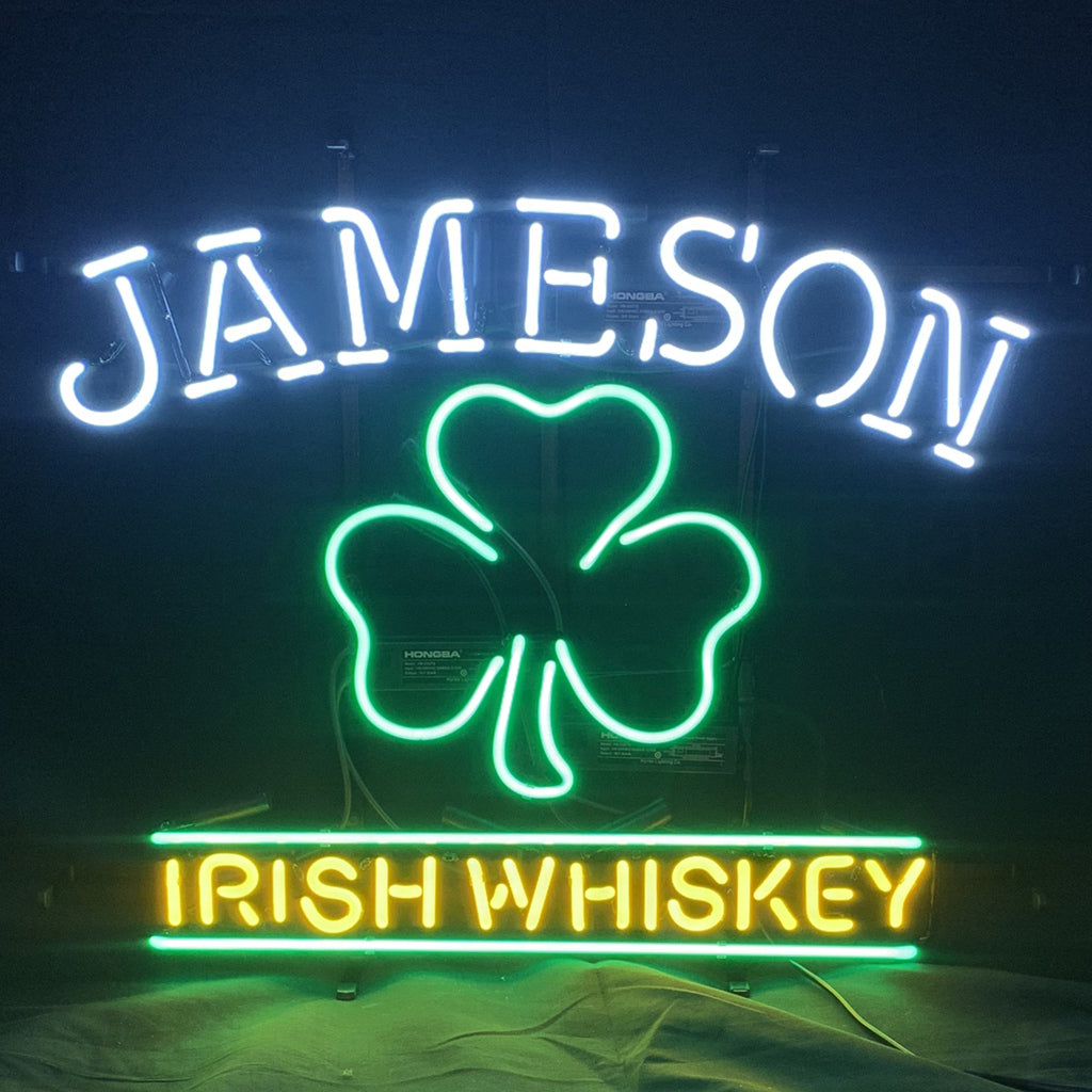 "Jameson Irish Whiskey with Clover neon sign glass - perfect for bars and Irish-themed decor."