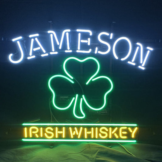 "Jameson Irish Whiskey with Clover neon sign glass - perfect for bars and Irish-themed decor."