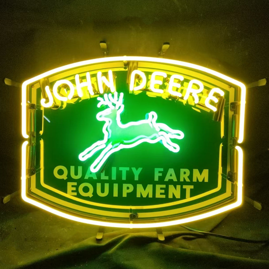 " John deere quality farm equipment neon sign glass - sleek and stylish, perfect for garages, man caves, and auto enthusiasts."