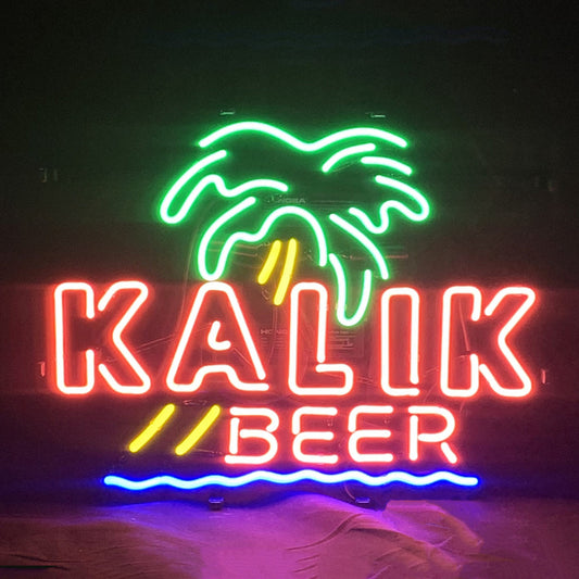 "Kalik Beer Coconut Palm Tree neon sign glass - bright and vibrant logo, perfect for bars, game rooms, and man caves."