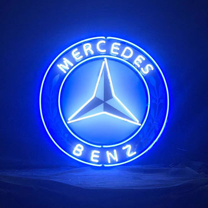 "Mercedes Benz Auto Logo neon sign glass - vintage style, perfect for garages, man caves, and auto enthusiasts."