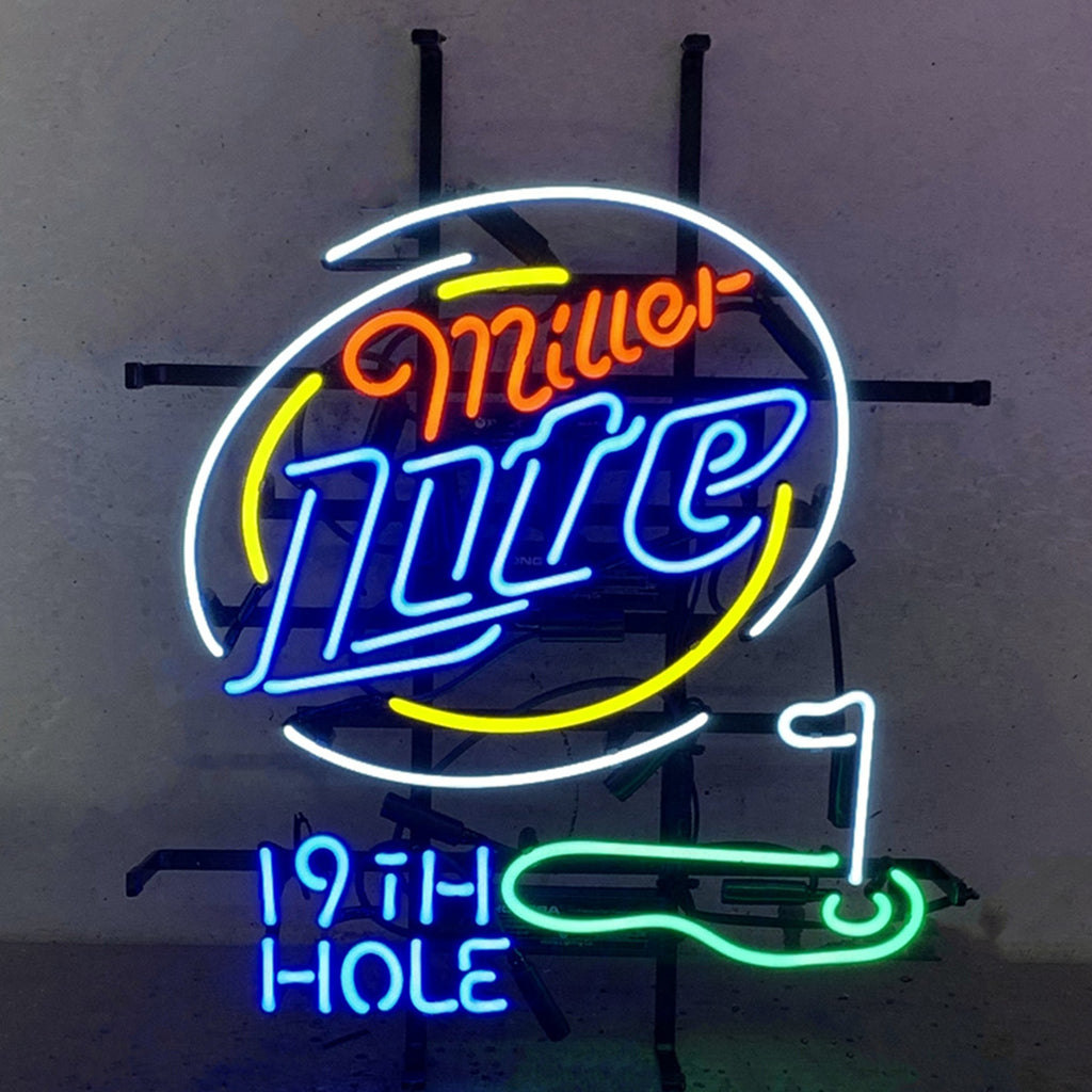 "Miller Lite 19th Hole Golf neon sign glass - bright and vibrant logo, perfect for bars, business shop, and man caves."