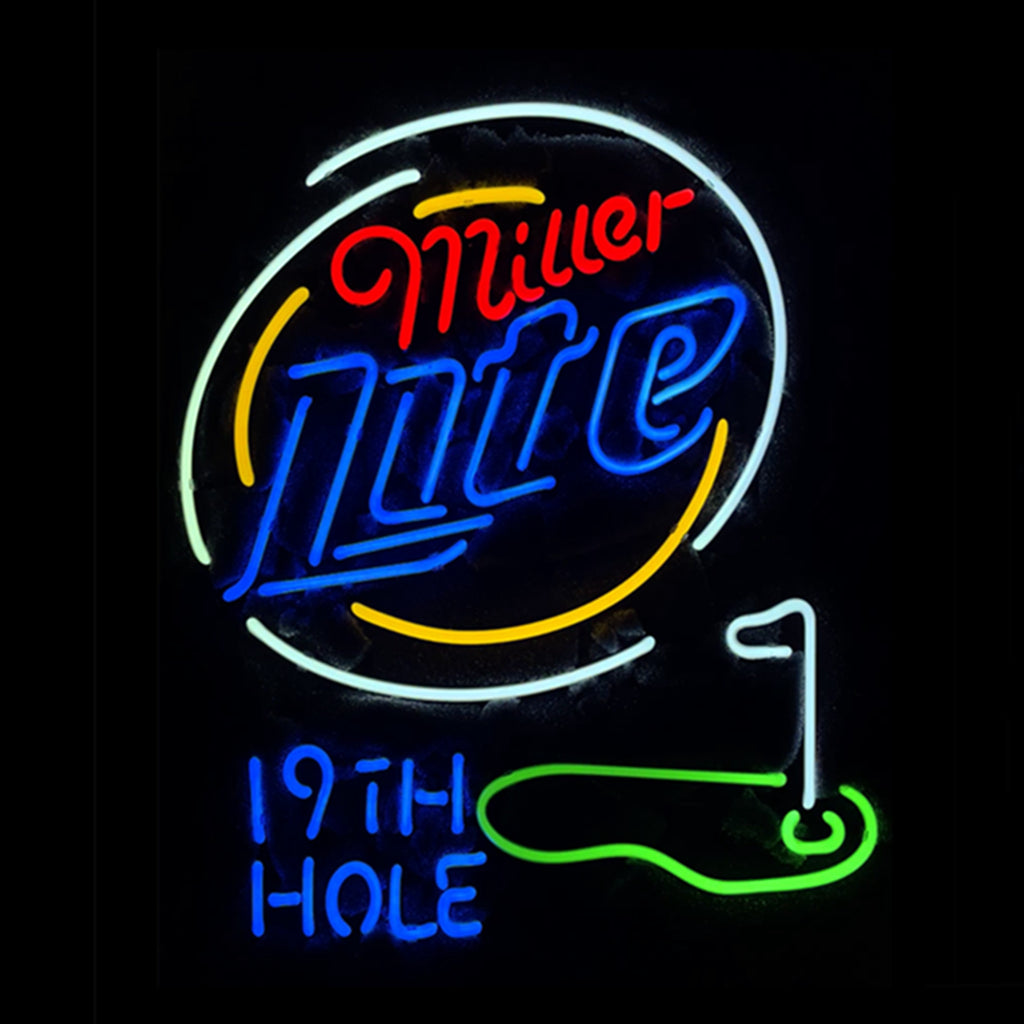 "Miller Lite 19th Hole Golf neon sign glass - bright and vibrant logo, perfect for bars, business shop, and man caves."