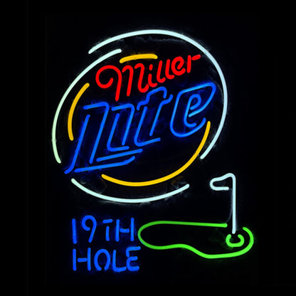"Miller Lite 19th Hole Golf neon sign glass - bright and vibrant logo, perfect for bars, business shop, and man caves."