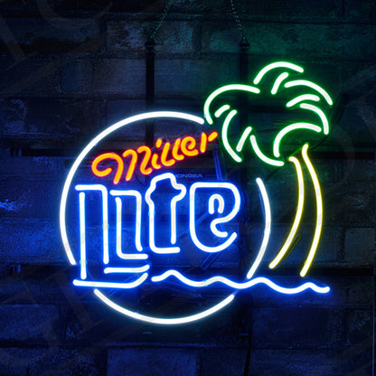 "Miller Lite Palm Tree Sun Sea neon sign glass - bright and vibrant logo, perfect for bars, shops, man caves gift decoration."