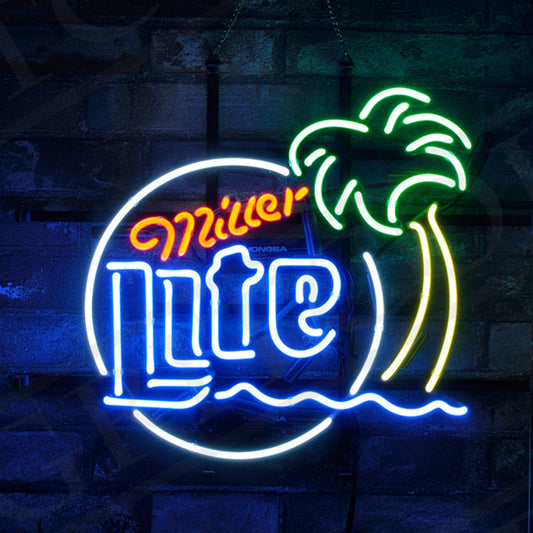 "Miller Lite Palm Tree Sun Sea neon sign glass - bright and vibrant logo, perfect for bars, shops, man caves gift decoration."