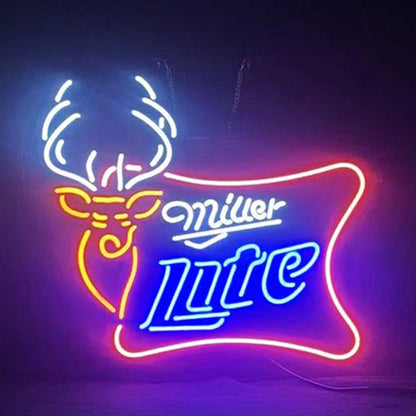 "miller lite with deer neon sign glass - bright and vibrant logo, perfect for bars, shop, and man caves."