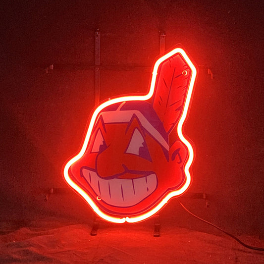 "MLB Cleveland Indians neon sign glass - vibrant team logo, perfect for sports bars, game rooms, and fan spaces."