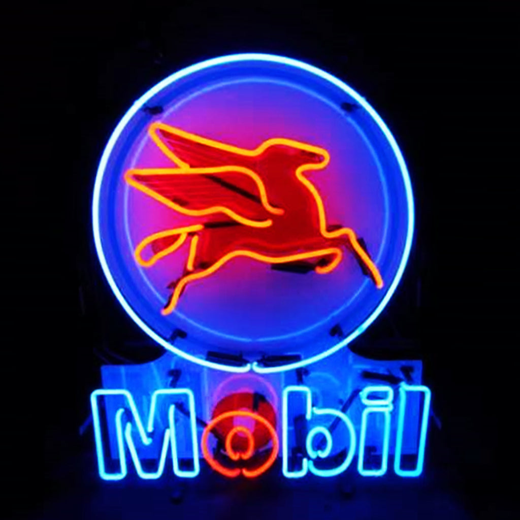 mobilgas oil flying horse neon sign glass with UV-printed logo on acrylic - vintage style, perfect for garages, man caves, and auto enthusiasts."
