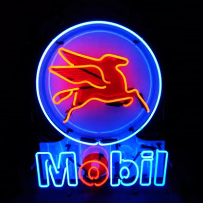 mobilgas oil flying horse neon sign glass with UV-printed logo on acrylic - vintage style, perfect for garages, man caves, and auto enthusiasts."
