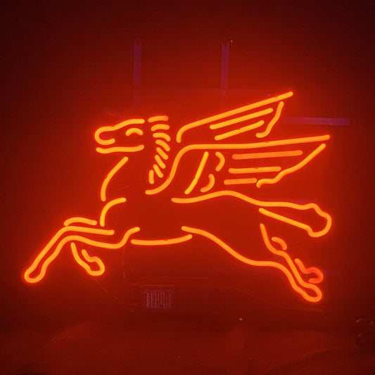 "Mobilgas Flying Horse Red neon sign glass - iconic vintage design, perfect for adding a classic touch to garages and man caves."
