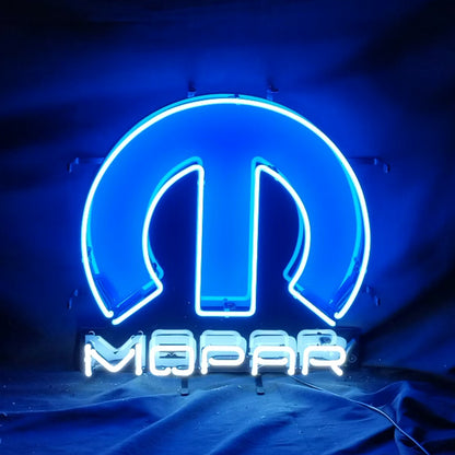 "Mopar neon sign glass - sleek and stylish, perfect for garages, man caves, and auto enthusiasts."