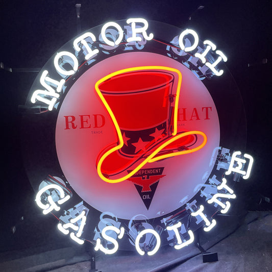 "Motor Oil Gasoline Red Hats Neon Sign Light-iconic vintage design, perfect for adding a classic touch to garages and man caves."