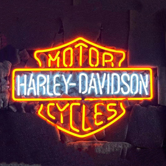 "Orange Motorcycle Harley Davidson neon signs glass - a nostalgic addition to garages, workshops, and automotive spaces."