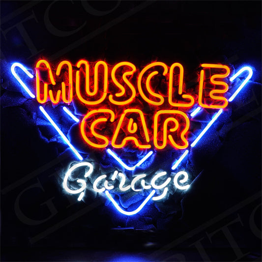 "Muscle Car Garage neon signs glass - a nostalgic addition to garages, workshops, and automotive spaces."
