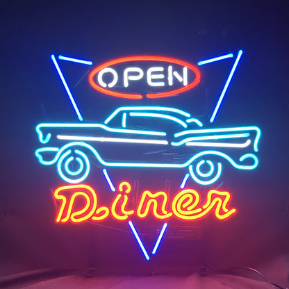 "Open Diner Car Motel neon signs glass - a nostalgic addition to garages, workshops, and automotive spaces."