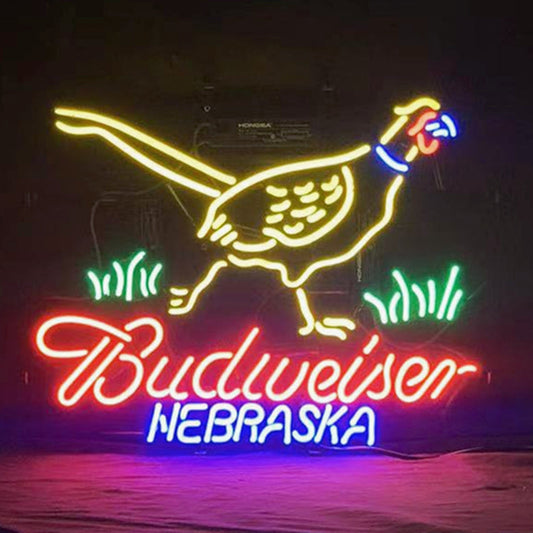 "Yellow Pheasant Hunter Budweiser Nebraska neon sign glass - bright and vibrant logo, perfect for bars, game rooms, and man caves."