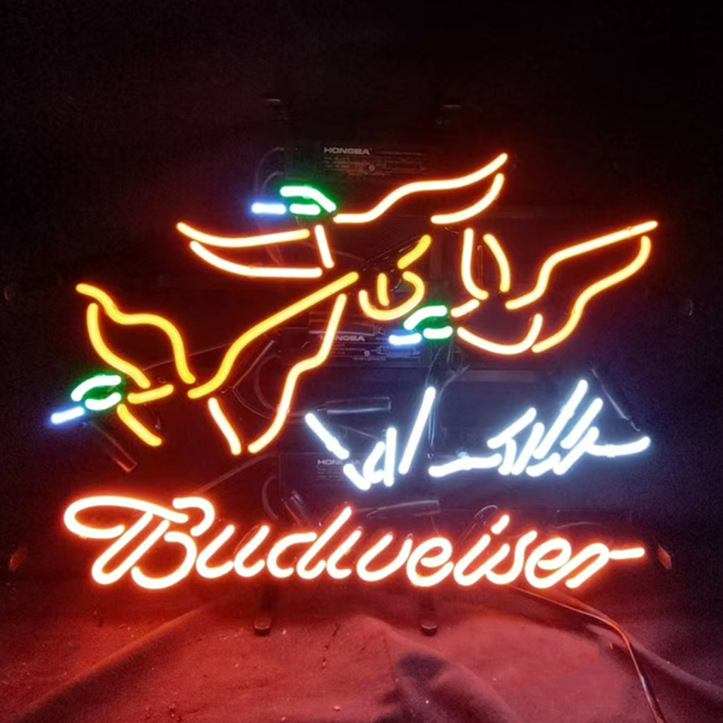 "Pheasant Hunter Budweiser neon sign glass - bright and vibrant logo, perfect for bars, game rooms, and man caves."