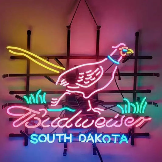 "Pheasant Hunter with Budweiser South Dakota neon sign glass - perfect for bars and beer-themed decor."