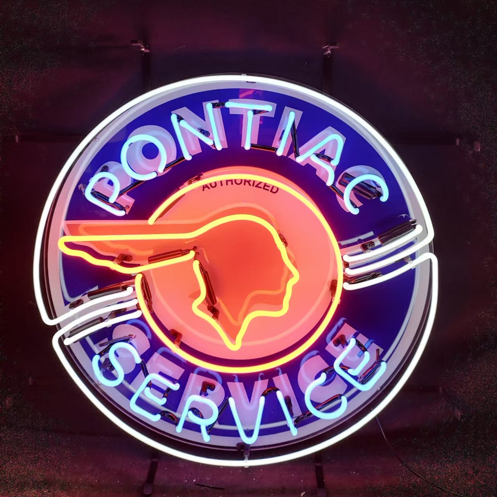 "Pointiac Service neon sign glass - vintage style, perfect for garages, man caves, and auto enthusiasts."