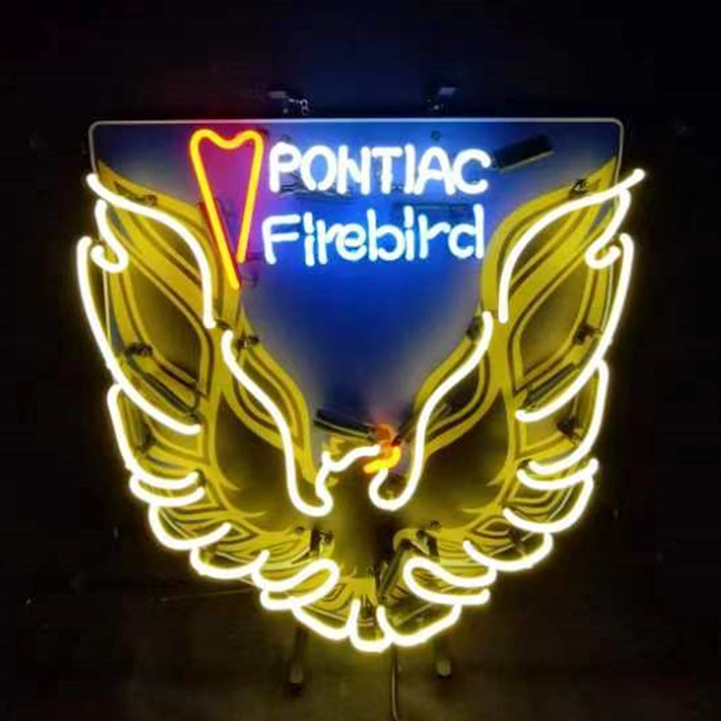 "Pointiac Firebird neon sign glass - vintage style, perfect for garages, man caves, and auto enthusiasts."