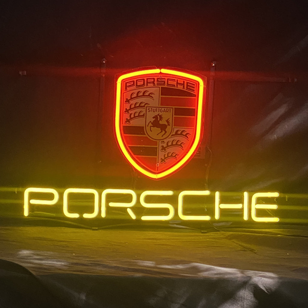 "Porsche neon sign glass - vintage style, perfect for garages, man caves, and auto enthusiasts."