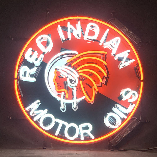 "Red Indian Motor Oils Neon Sign Light Glass - ideal for enhancing the vintage ambiance of any space."